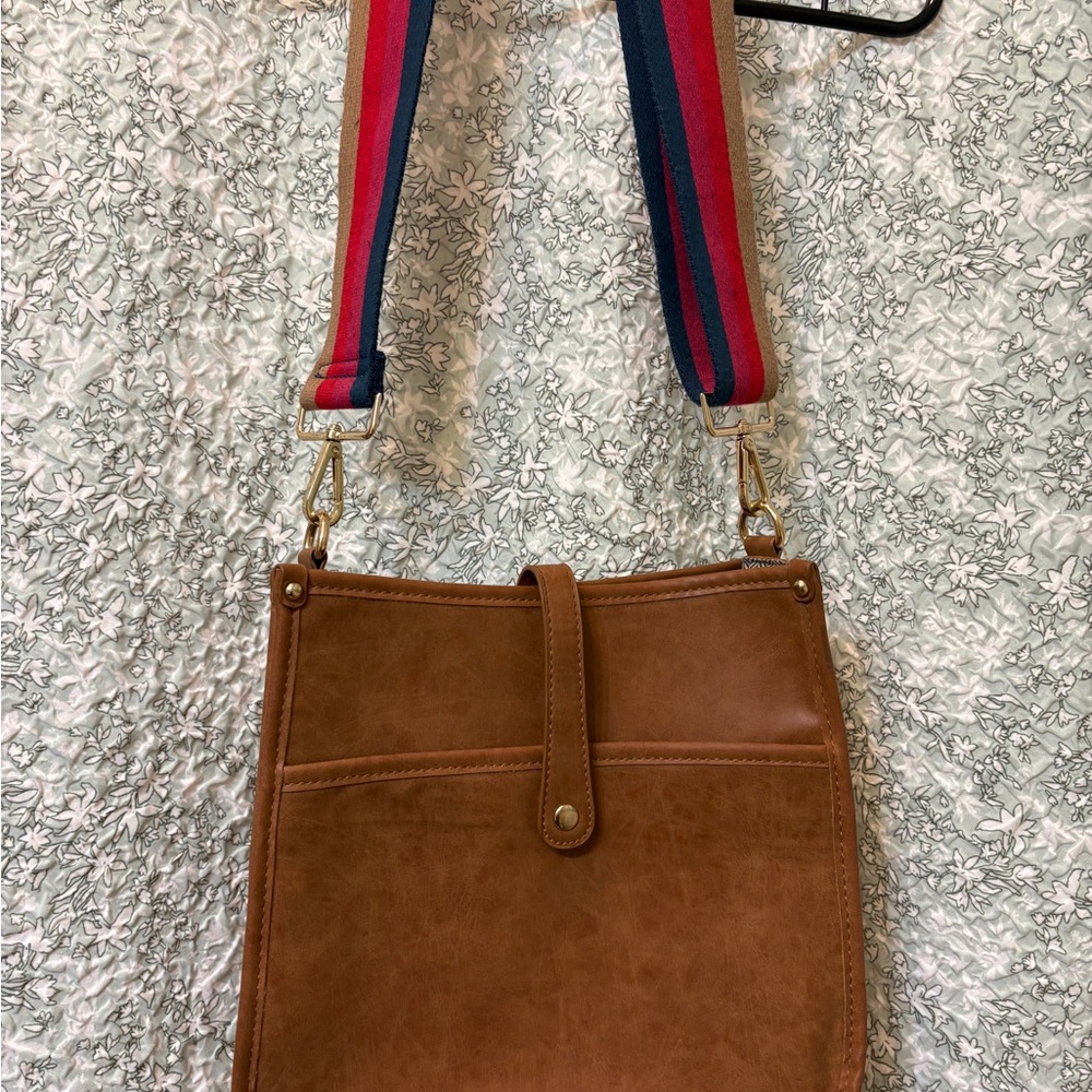 Brown Crossbody Bag with Striped Adjustable Strap